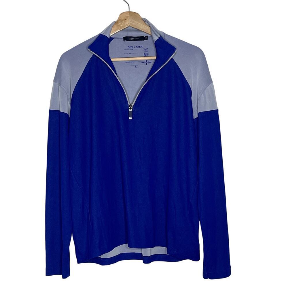 ZEGNA SPORT  1/4 ZIP DRY LAYER‎ BLUE  AND GRAY WOMEN'S TOP SIZE M